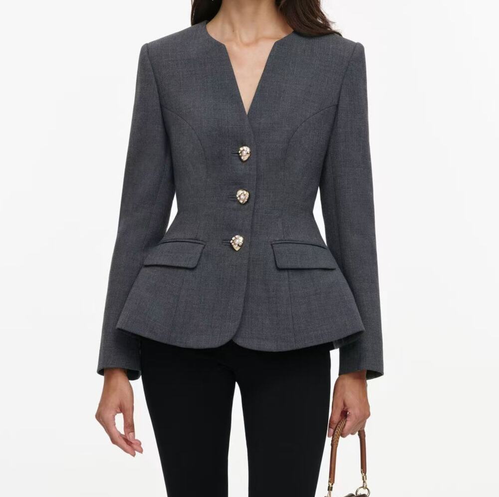Self-Portrait Grey Wool Collarless Jacket